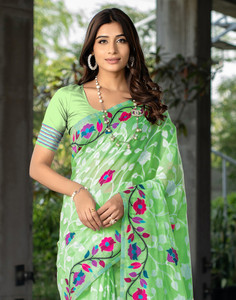 Satrani Woven, Self Design, Embellished Handloom Pure Cotton Saree