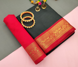 KANAKA SAREES Solid/Plain, Woven, Temple Border, Striped Bollywood Pure Silk Saree