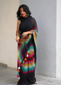 LAXMIPATI FASHION HUB Striped, Digital Print Saree with Attached Blouse Cotton Linen Saree