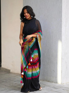 LAXMIPATI FASHION HUB Digital Print, Printed, Striped Saree with Attached Blouse Cotton Linen Saree