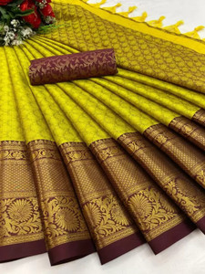 KanjiQueen Woven Kanjivaram Cotton Silk, Silk Blend Saree