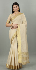 THE52 Self Design Kasavu Cotton Blend Saree