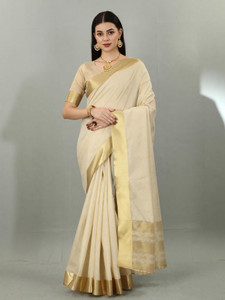 THE52 Self Design Kasavu Cotton Blend Saree