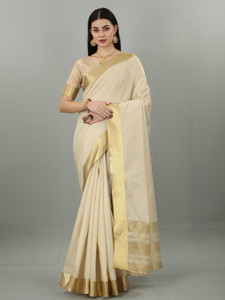 THE52 Self Design Kasavu Cotton Blend Saree