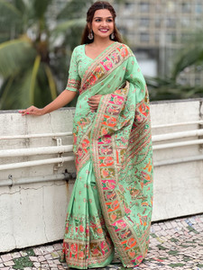 Nayanthara Trends Woven Saree with Attached Blouse Semi-Pashmina Saree