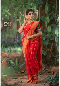 PITHAVADIWALA Woven, Animal Print, Embroidered, Floral Print, Hand Painted, Printed, Solid/Plain, Applique Kanjivaram Jacquard, Pure Silk Saree