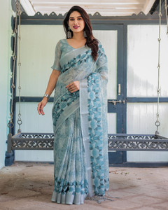 ALMAARI FASHION Printed Jamdani Cotton Linen Saree