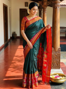 SuperLaxmi Temple Border, Woven, Animal Print Narayanpet Cotton Silk Saree
