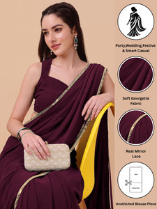 Rensa Solid/Plain Kasavu Georgette Saree