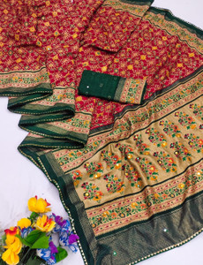 MF texo Printed, Embellished Bandhani Semi-Pashmina Saree