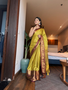 VILLAGIUS Embellished, Floral Print, Printed, Self Design, Temple Border, Solid/Plain, Woven Kanjivaram Cotton Silk, Art Silk Saree