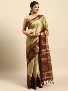 VILLAGIUS Embellished, Floral Print, Printed, Self Design, Temple Border, Solid/Plain, Woven Kanjivaram Cotton Silk, Art Silk Saree