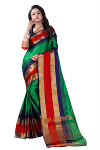 Bombey Velvat Fab Self Design, Temple Border, Ombre, Striped, Woven, Applique, Polka Print, Solid/Plain Maheshwari Cotton Blend, Art Silk Saree