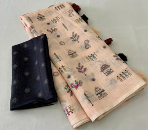 VEERA FASHION Printed Daily Wear Cotton Linen Saree