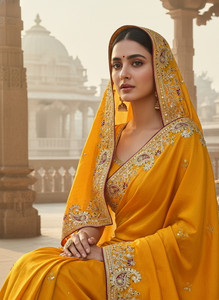 Sariya Embroidered, Embellished Bollywood Georgette, Silk Blend Saree