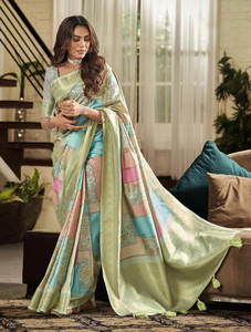 Satrani Printed, Woven, Embellished Handloom Silk Blend, Pure Silk Saree