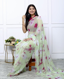 Ashwamegh Creation Blocked Printed, Checkered, Geometric Print, Hand Painted, Printed Daily Wear Chiffon Saree