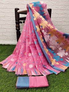 VIRDHI TEXTILE Printed, Self Design, Embellished, Woven, Animal Print, Blocked Printed Jamdani Cotton Blend, Jacquard Saree