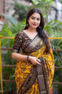 KAMALKUNJ DESIGNER Blocked Printed, Hand Painted Daily Wear Cotton Silk, Crepe Saree