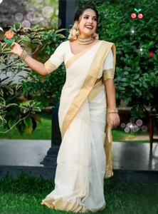 ANTIK Solid/Plain Kasavu Cotton Silk Saree
