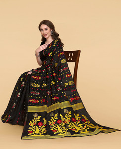 worvox Floral Print Jamdani Cotton Linen Saree