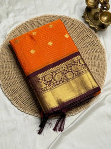 HTFABRICS Woven, Checkered Banarasi Silk Blend Saree