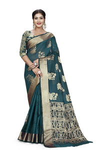 RUCHIYA FAB Woven, Floral Print, Geometric Print Banarasi Jacquard Saree
