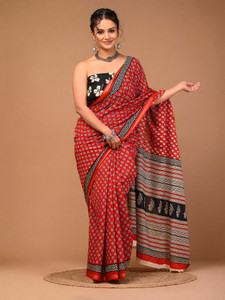 LOVWEAR Printed Ikkat Pure Cotton Saree