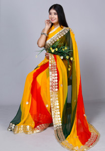 BL creations Striped, Embroidered, Hand Painted, Woven, Embellished Leheria Chiffon Saree