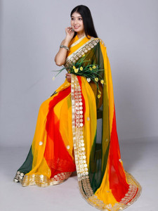 BL creations Striped, Embroidered, Hand Painted, Woven, Embellished Leheria Chiffon Saree