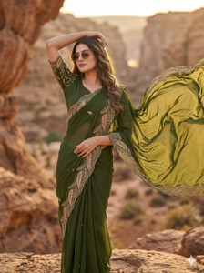 Infyshopy Embroidered, Floral Print, Solid/Plain, Self Design, Dyed, Embellished, Temple Border Daily Wear Georgette Saree