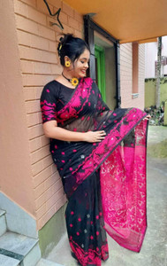 SP Boutique एम्ब्रॉइडरेड जामदानी कॉटन सिल्क साड़ी