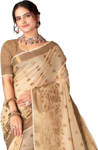 NIYAMI Printed, Self Design, Woven, Floral Print Banarasi Jacquard, Cotton Silk Saree