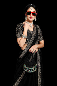 Vivan Fab Temple Border, Embroidered Bollywood Art Silk, Lace Saree