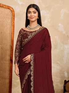 Sinauli Solid/Plain, Embroidered Daily Wear Georgette, Silk Blend Saree