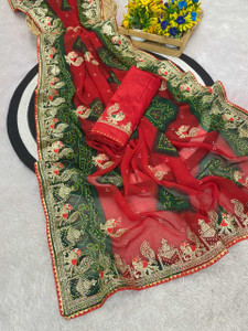 Kstabhanjan Embroidered, Printed Bandhani Georgette Saree