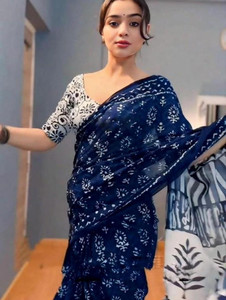 Shiv Clothe Floral Print Ikkat Cotton Linen Saree