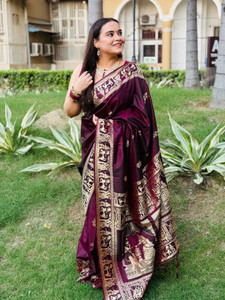MAMERAA FAB Woven, Self Design, Embellished Baluchari Art Silk, Jacquard Saree