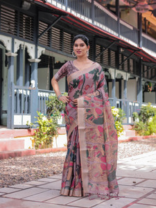 Manmit Enterprise Floral Print, Printed Daily Wear Linen Saree