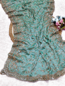 GEZREL Embroidered, Embellished, Floral Print Bollywood Organza Saree