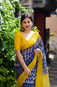 Ridham Printed, Geometric Print Jamdani Cotton Blend Saree