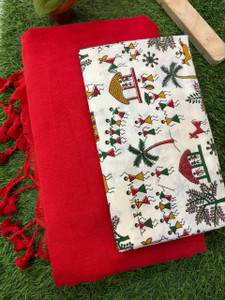 SMRITI BOUTIQUE Solid/Plain, Printed Kalamkari Handloom Pure Cotton Saree