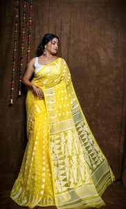 Priyomgboda एम्ब्रॉइडरेड जामदानी हैंडलूम कॉटन ब्लेंड साड़ी