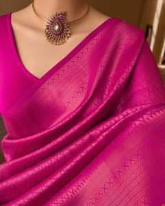 Femiro Fab Woven, Animal Print, Applique, Paisley, Temple Border, Embellished Kanjivaram Silk Blend, Pure Silk Saree