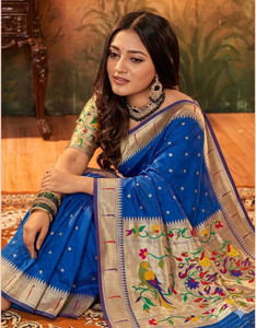 VILLAGIUS Woven, Embellished Paithani Silk Blend, Pure Cotton Saree