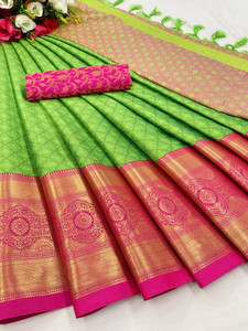 KanjiQueen Woven Kanjivaram Silk Blend, Cotton Silk Saree