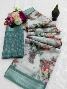 MAANVIT Printed Bollywood Cotton Linen, Linen Saree