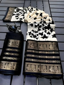 BilloRani Floral Print, Printed, Woven, Temple Border Bollywood Art Silk, Silk Blend Saree