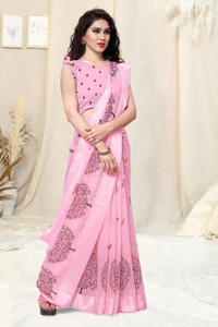 MIRCHI FASHION प्रिंटेड रोज़ पहनने वाली कॉटन ब्लेंड साड़ी