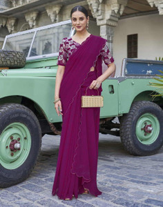 VISVASTA Printed, Floral Print, Solid/Plain Bollywood Chiffon, Silk Blend Saree